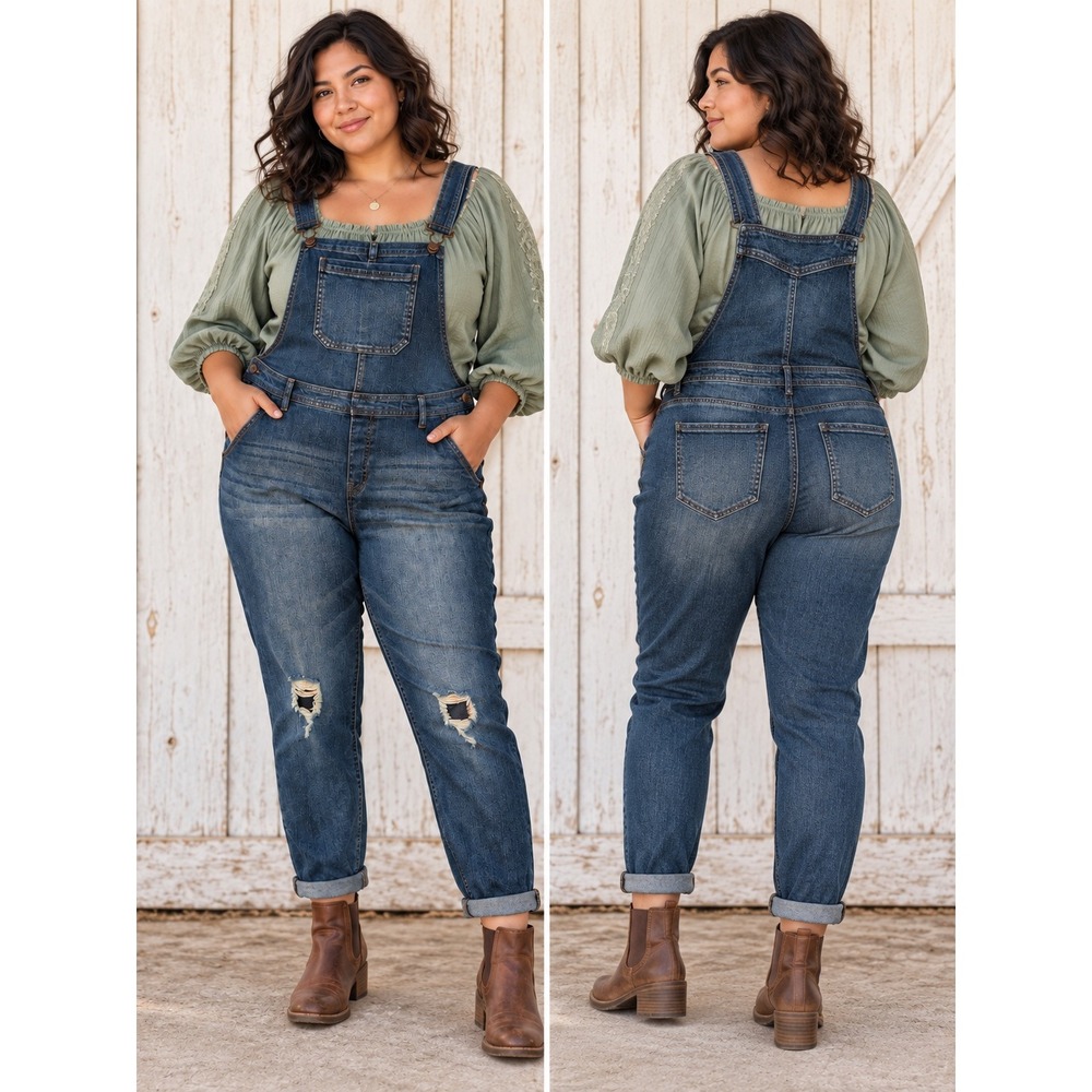 Boho Western Farmcore Distressed Blue Cuffed Distressed Denim XL 17 Overalls